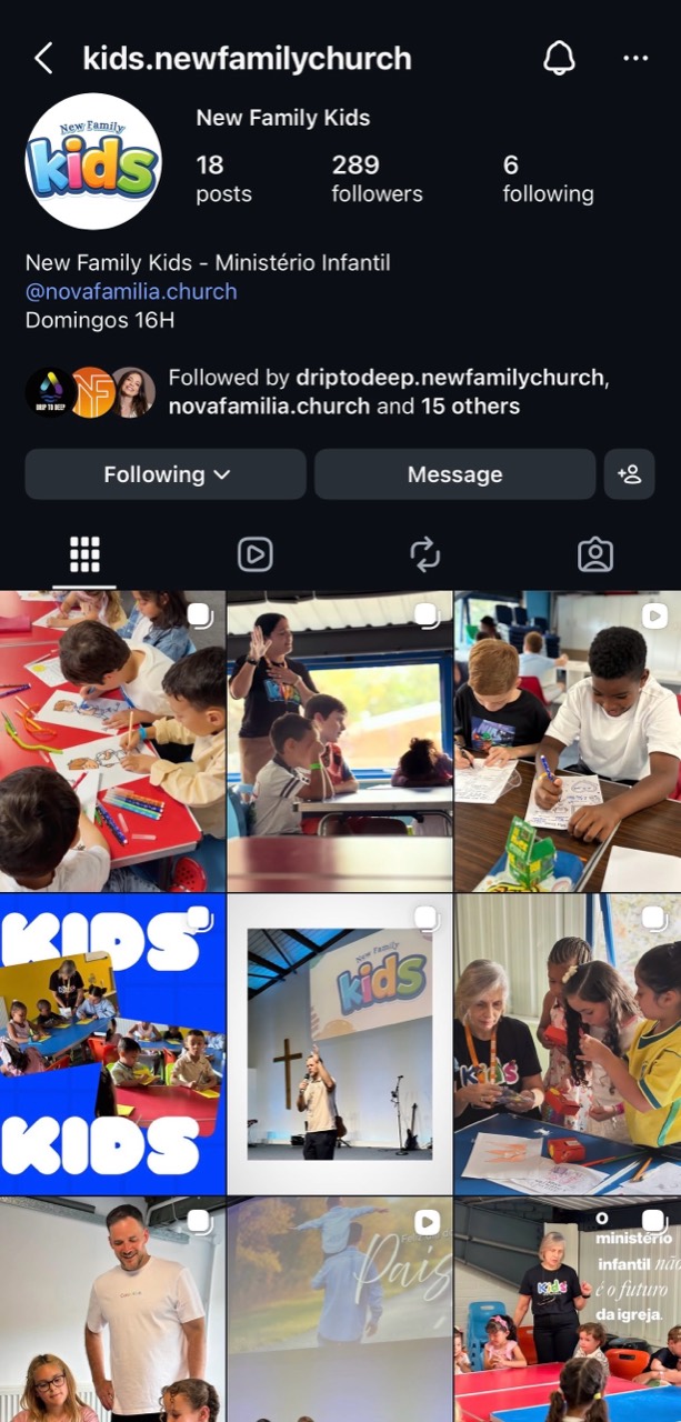 Print do Instagram New Family Kids, ministério infantil da Igreja Nova Família
