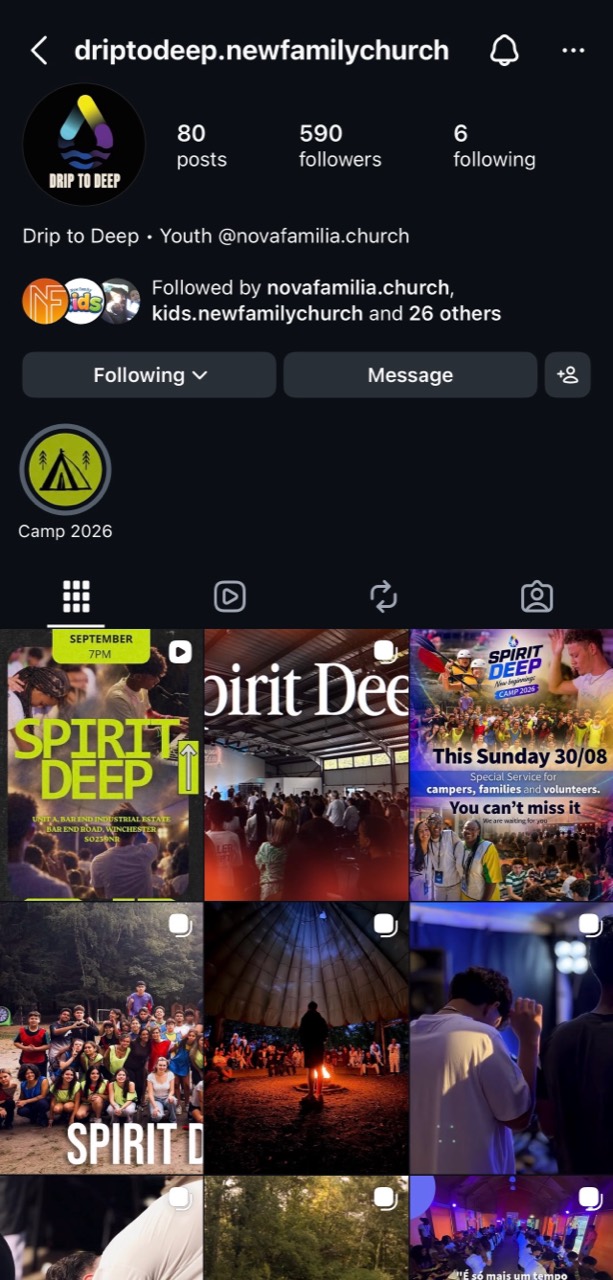 Print do Instagram Drip to Deep, ministério de jovens da Igreja Nova Família
